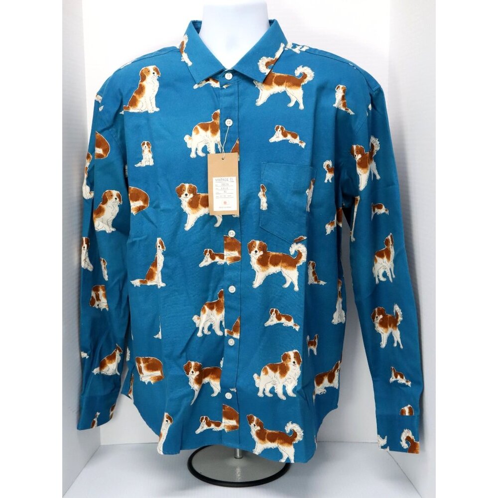 Vintage‎ E.L. of Japan Mens sz XL Button Up Shirt Teal w/ Dog Print 100% Cotton